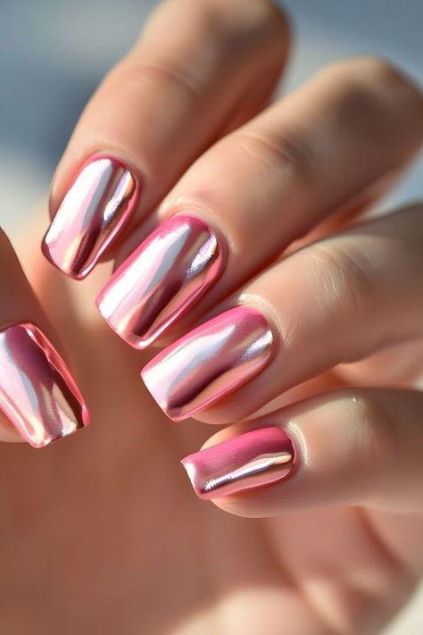 Pink chrome mirror-finish nails — real work by US Nails